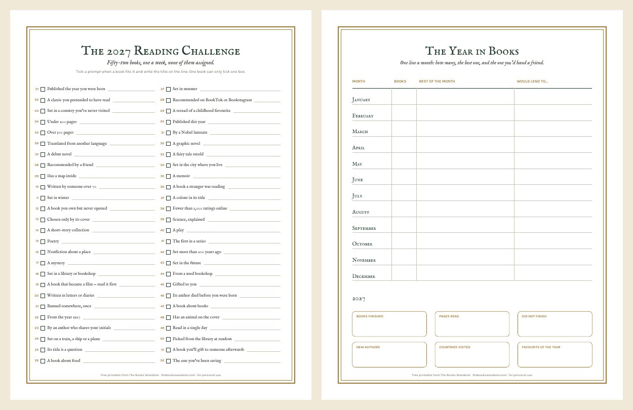 Preview of the 2027 Reading Challenge printable: 52 prompts and a yearly log